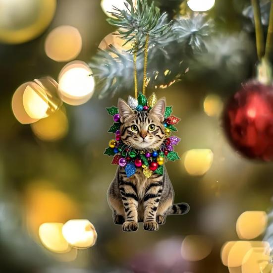 Cute Cat Car Mirror Hanging Charm 2D Flat Acrylic Kitten Christma Tree Ornament Car Interior Pendant for Xmas Home Window Backpack Decor