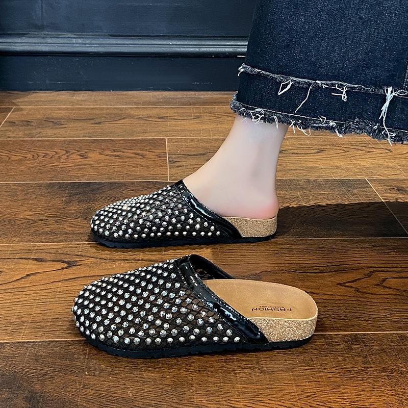 

2025 лето стразы полный бриллиант тапочки дышащая рыболовная сетка полая сумка голова полутапочки носить плоские сандалии 40 чёрный