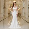 Elegant White Mermaid Wedding Dress | Lace Pearl Backless V-Neck Sleeveless Bridal Gown | Formal Evening Dress for Bride