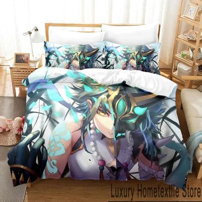3D Genshin Impact Xiao Anime Sängkläder Set Påslakan Sängset Täcke Örngott Täcke king Queen Size Pojkar Vuxen Sängkläder