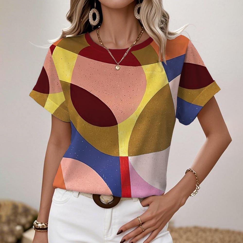 Women's Round Neck T-shirt Summer Outdoor Fashion Short-sleeved Tops Oversize Loose Ladies Clothing Flower Printing Trend Style