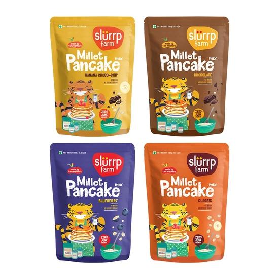 Slurrp Farm Healthy Pancake Lovers Combo | Blueberry, Classic, Chocolate & Banana  | 100% Vegetarian Healthy Breakfast for Kids & Adults,150G*4 600GM