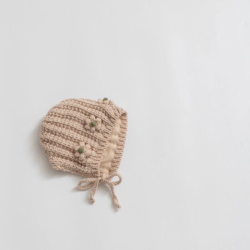Korean Chic Flower Earmuff Hat: Warm Knit Wool Head Cover for Infants & Toddlers with Ties, Windproof & Handmade