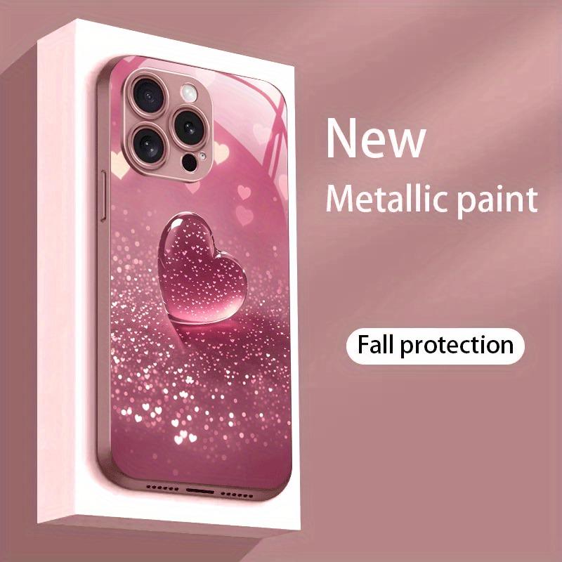 Růžové kovové tvrzené sklo s růžovým vzorem srdíček Pevný kryt na telefon Pro iPhone 17 16 15 14 13 12 11 Pro Max Plus 16E 17Air Kryt