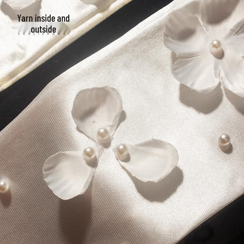 2024 Bridal Long White Satin Gloves with Pearls & Floral Design