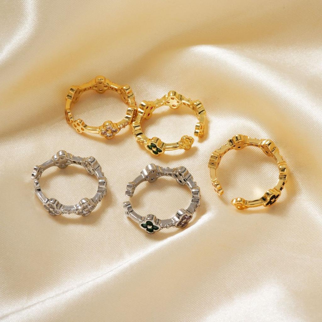 New Light Luxury Temperament Small Flowers Open Ring Atmosphere Sense Of Colour Zirconia Four-Leaf Flower Ring Four-Leaf Clover Ring
