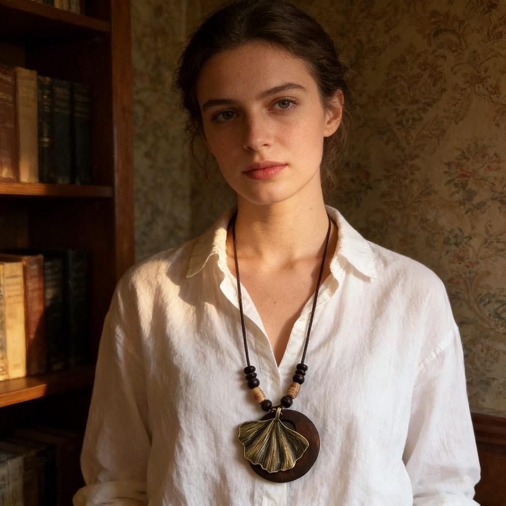 Hollow Leaves Wooden Pendant Necklace Leather Chain Clothing Pendant Necklace  for Women Men