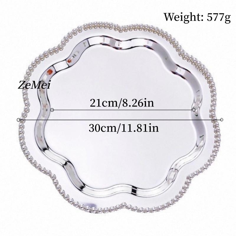 

European Style Flower Shape Fruit Plate,Pearl Dot Silver Stainless Steel Cake Plate Home Food Tray, Snack Disc Table Decoration 11.81 inches