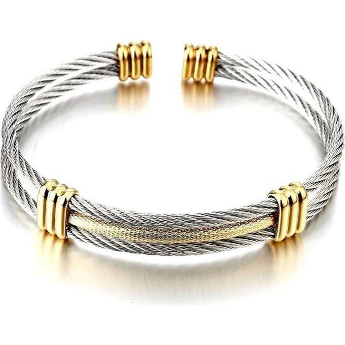 Bracelet - Stainless Steel Men Women Adjustable Cuff Bracelet Twisted Cable- Silver Gold Two-Tone