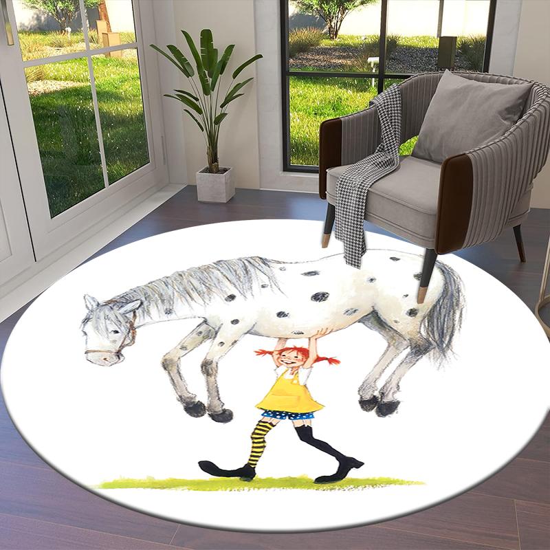 Covor rotund de desen animat Pippi Șoseta Lungă, Covor pentru Living, Dormitor, Canapea, Cameră de Joacă Decor, Covoraș Antiderapant Q0030