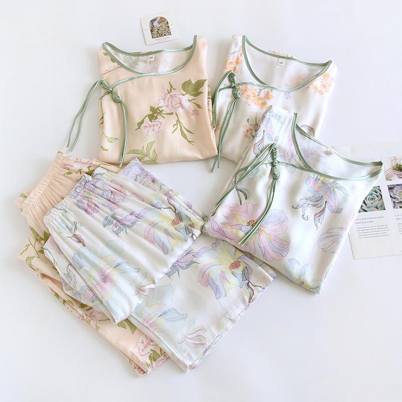 Nuovo Set Pigiama da Donna in Cotone Viscosa Primavera/Estate Bottone Cinese Arredamento per la Casa Set Due Pezzi con Stampa Sottile Pigiama