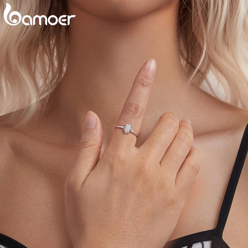 BAMOER 925 Sterling Silver Aurora Opal Solitaire Ring, Gold Plated Adjustable Finger Rings Dainty Chic Jewelry
