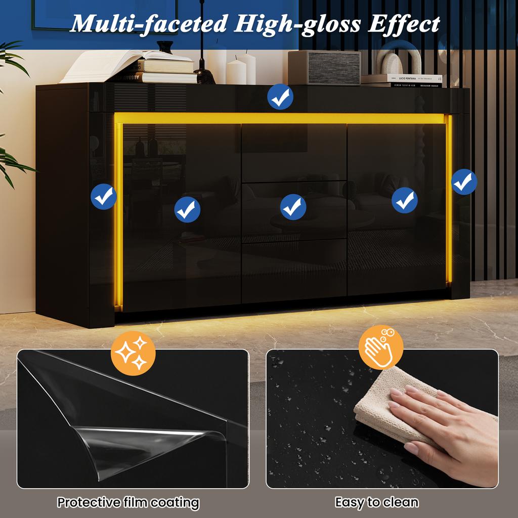 Mobile da soggiorno 140*40*65cm, Cassettiera con 3 cassetti, 2 ante, Mobiletto laterale laccato lucido con striscia luminosa a LED, Credenza con spazio contenitore, Nero