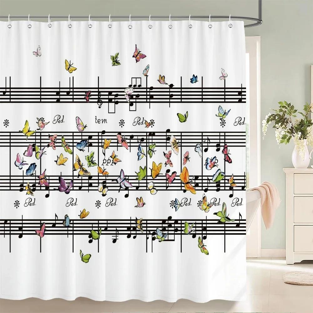 Butterfly Music style Shower Curtain Fantasy Art Musical Note Waterproof Fabric Bathroom Curtain Room Decor Curtains With Hooks