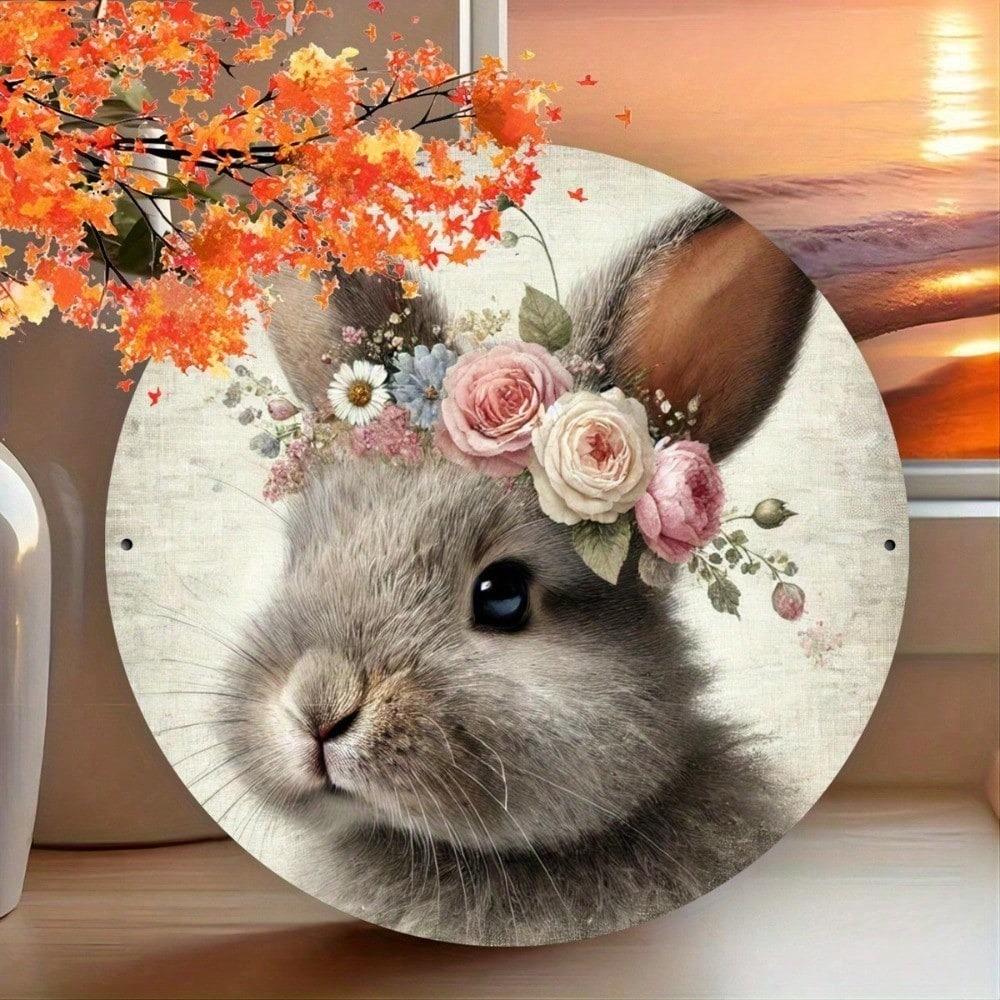 Retro Easter Rabbit Metal Tin Sign Round Wall Decor Rustic Holiday Party Home Garden Porch Decoration 2D Plaque