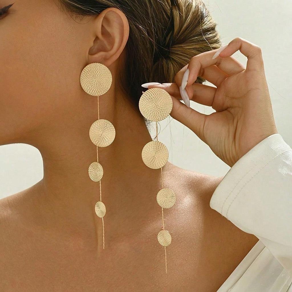 1 Pair Of Metal Round Patterned Long Tassel Earrings, Simple And Versatile Earrings To Decorate Face Shape And Temperament