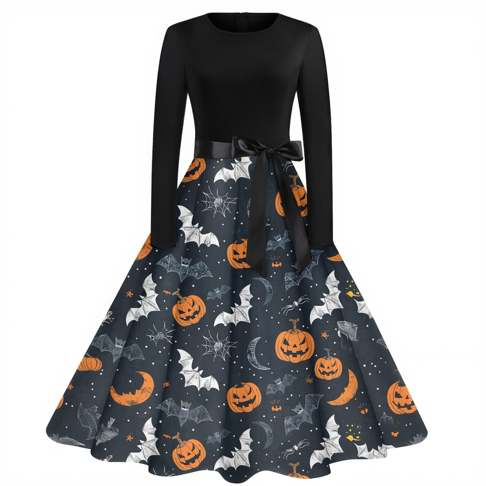 

Women s Fashion Vintage Long Sleeve Round Neck Halloween Printed Party Gown Dress M