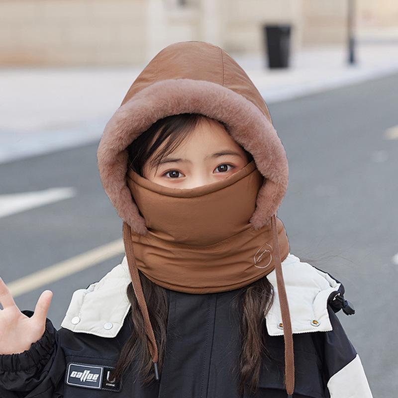 Children's hats, winter boys and girls outdoor warmth, fleece neck protection, scarf, mask, integrated pullover hat