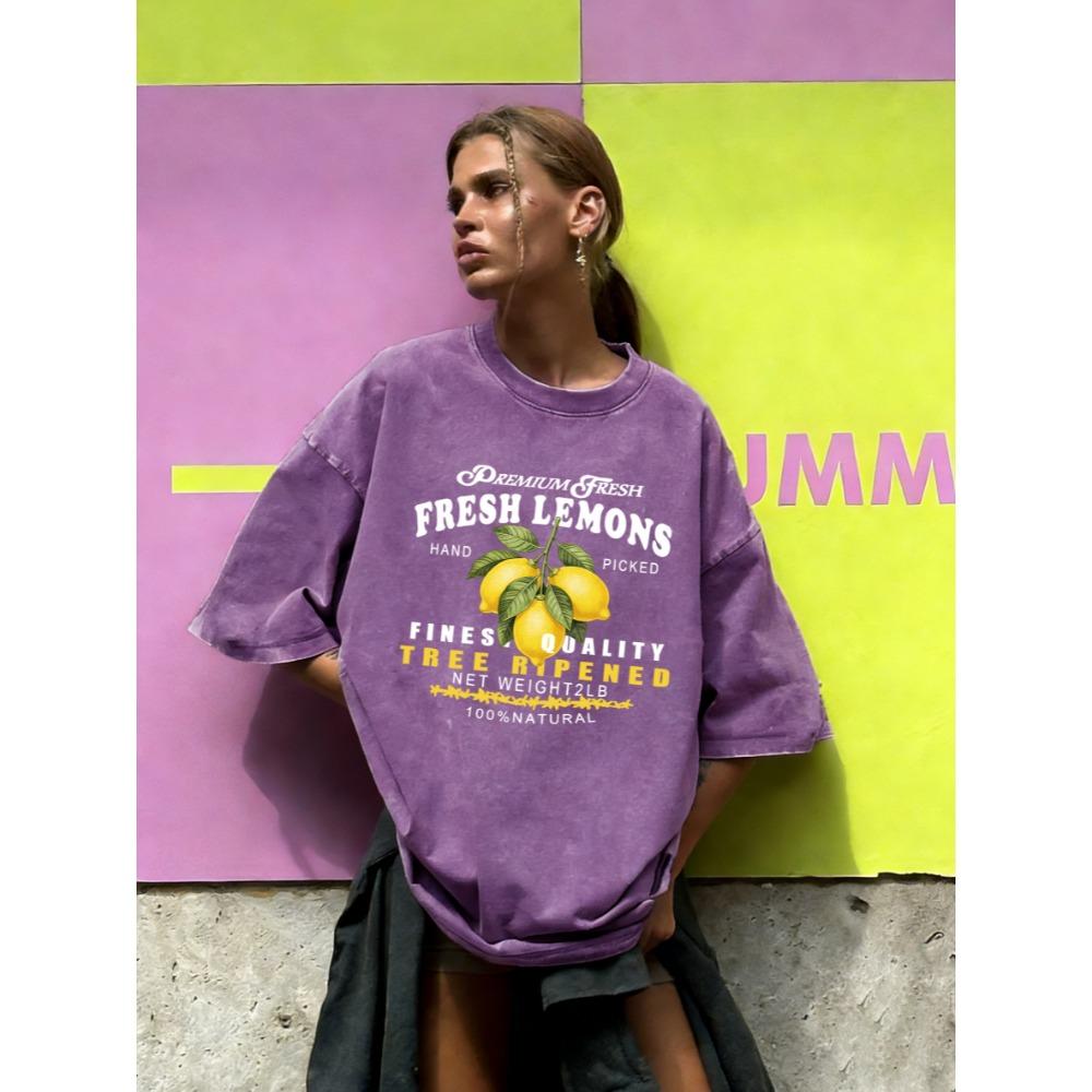 Hand Picked Fresh Fruit Lemons Print Washed Tee Shirt Women All-Match Cotton T-Shirt Sport Summer Top Soft Short Sleeve