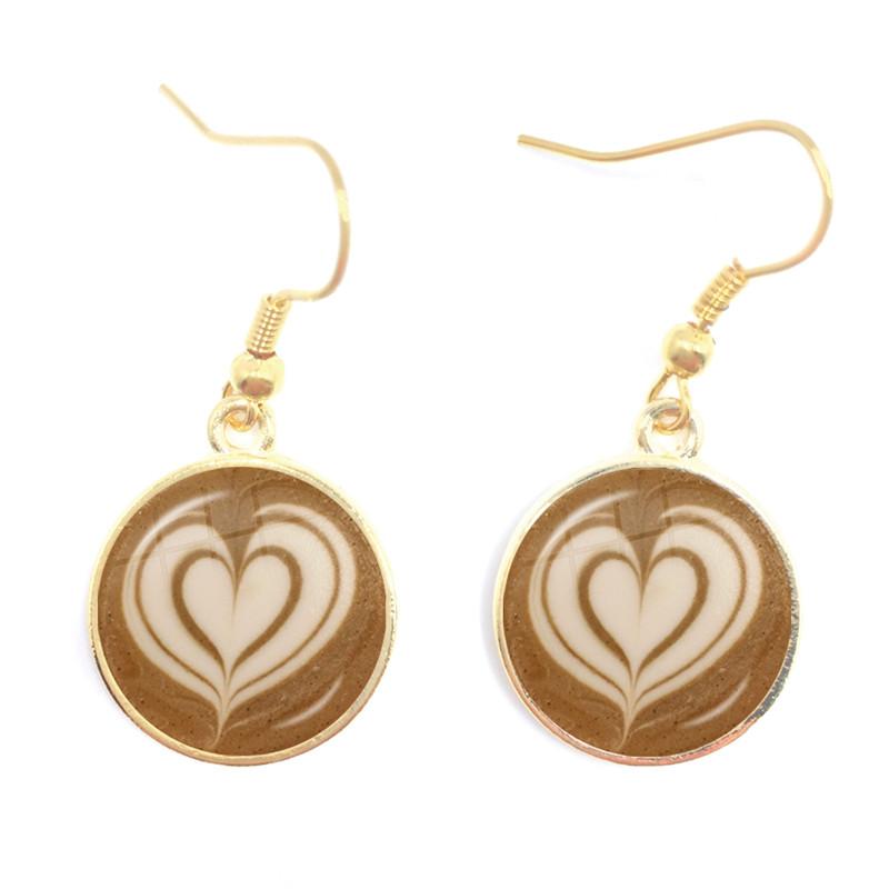 Coffee Latte Carving Love Heart Art Drop Earrings Chocolate Printing Flower Charm Jewelry For Women Gift Wholesale