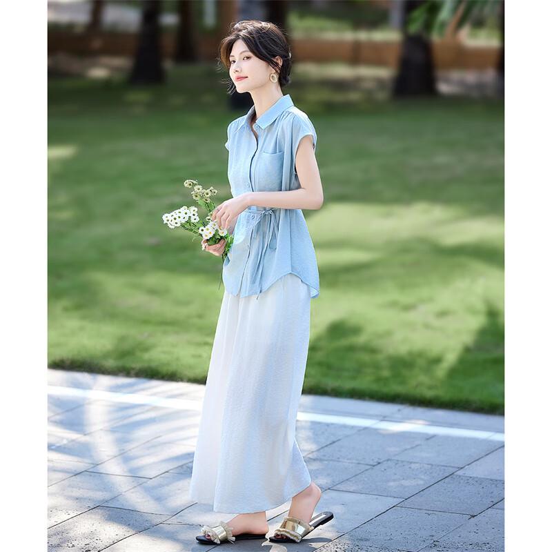 

Shanjing Women s Elegant Thin Strap Shirt & Wide-Leg Pants Set XL