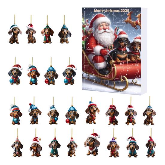 Christmas Dachshund Advent Calendar 2025 Xmas Countdown Calendar 2D Cartoon Dachshund Hanging Decorations Happy New Year Gift for Kids
