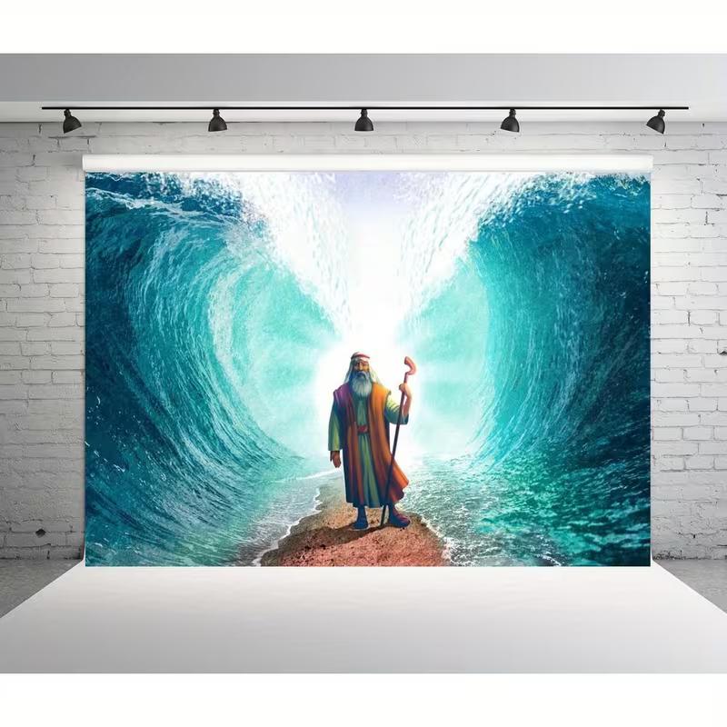 2D Moses & Wunder am Roten Meer Wandteppich, Christliche Bibelgeschichte Wandbehang für Schlafzimmerdekoration