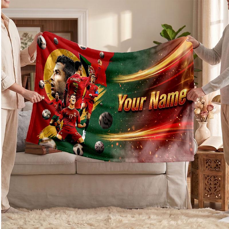 Coperta Personalizzata in Pile Cristiano Ronaldo con Logo Calcio, Testo Nome Personalizzato Morbida Calda Coperta da Divano per la Casa