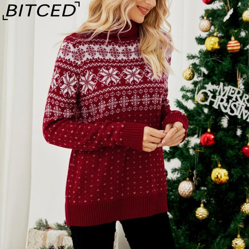 BITCED Autumn/Winter Jacquard Pullover Red Turtleneck Christmas Sweater Snowflake Knit Base Layer
