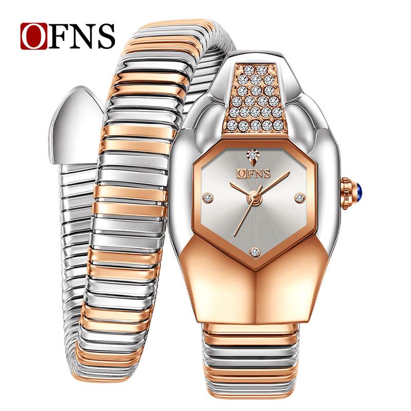 OFNS Women s Bestselling Quartz Watch: Artful Snake-shaped Design with Diamond Accents, Wrap-around Bracelet, and Snake Head Detail.