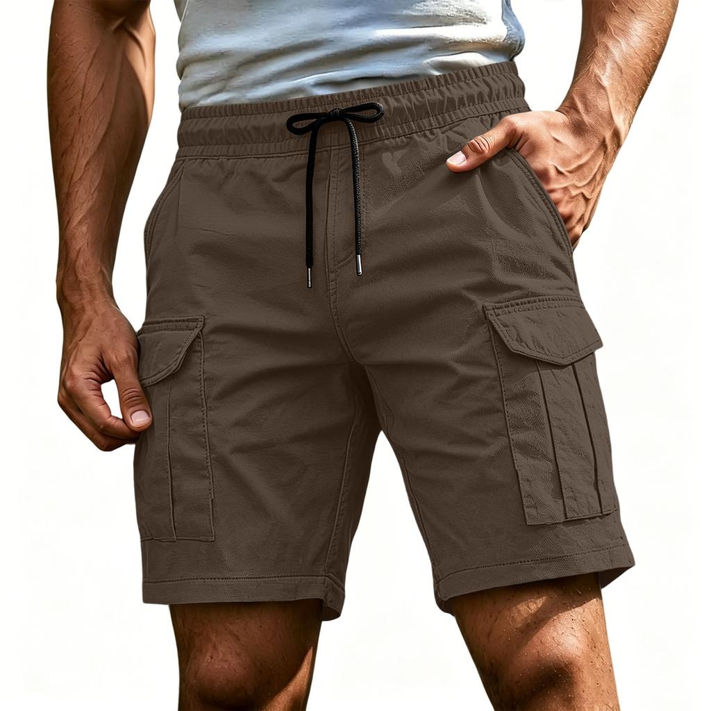 Men's Casual Cargo Shorts Elastic Drawstring Waist Multi-Pocket Summer Quick Dry Workout Solid Color Beach Short Pants