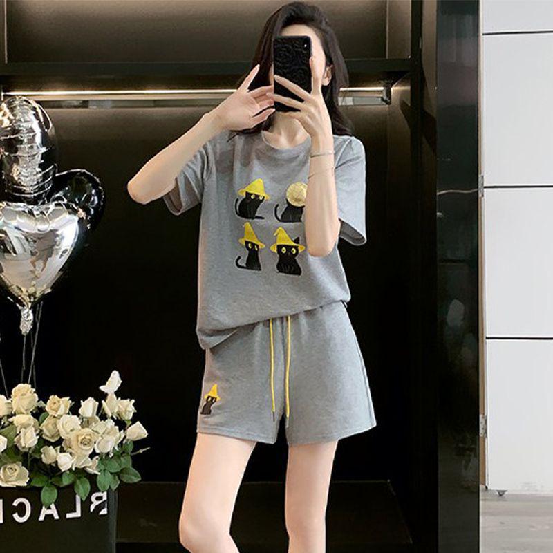 Korean Casual Women's Summer Shorts & Cartoon T-Shirt Set: Loose, Slimming, Short-Sleeve Sportswear
