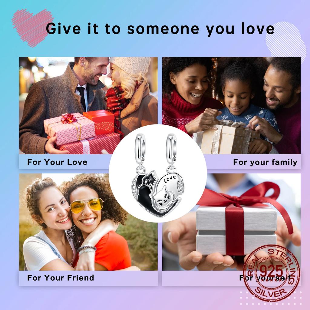 copper Guardian Luck Luna Purity Black and White Cat Pendant Compatible With Authentic Charm Bracelets Women Do It Yourself Jewellery Gift