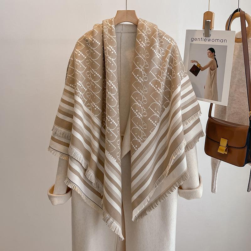 Luxury Brand Winter Women's Cashmere Scarf - Abstract Printed Tasseled Shawl Wrap, Pashmina Bandana & Elegant Poncho
