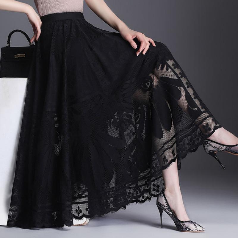 Lace Skirt Women s New A-word Long Skirt Big Swing Gauze Hollow Pleated Skirt 3XL S чёрный
