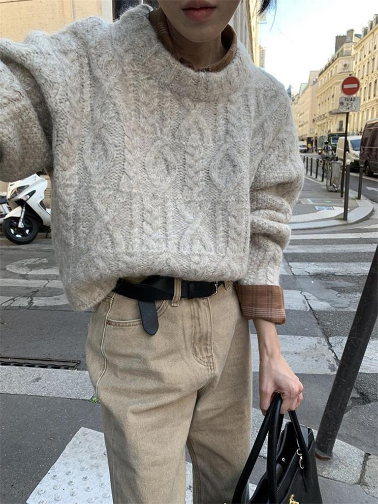 Chunky Knit Chunky Yarn Twisted Sweater Women's Outerwear Autumn Winter New Style Retro Lazy Style Loose Crew Neck Knit Top