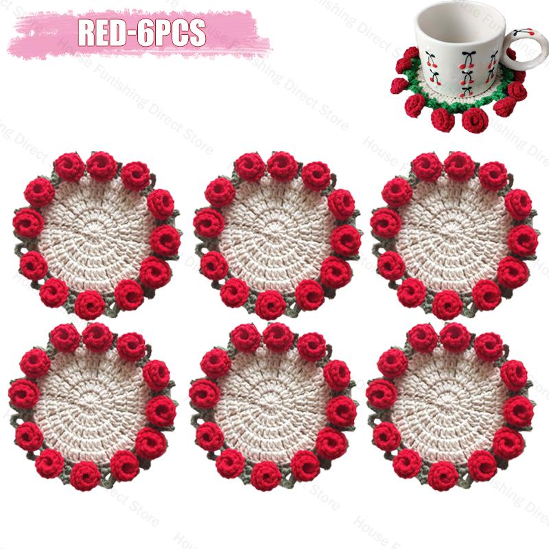 Handmade Crochet Rose Flower Valentine's Day Coaster Heat Resistant Kitchen Table Mat Romantic Home Decor Gift for Wedding Anniv