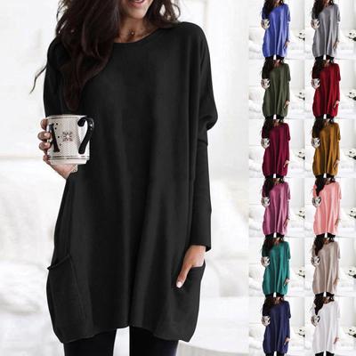 Women Fashion Casual Long Sleeve Solid Color Pockets  Loose Cotton Tops