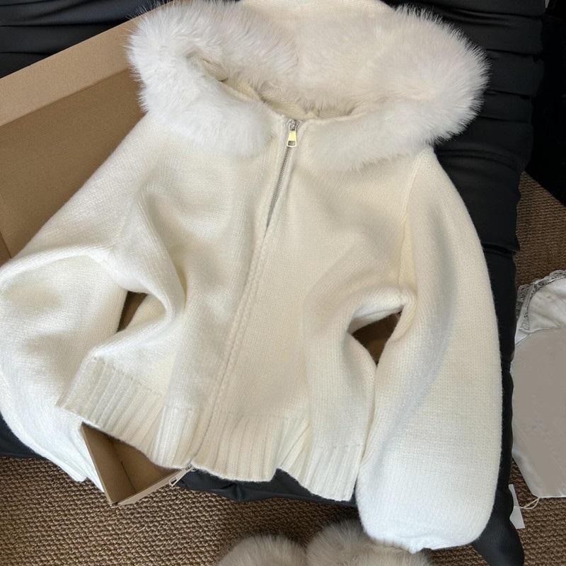 Women Autumn Winter Hooded Faux Fur Collar Sweater Coat Jacket Women Zipper Cardigan Female Long Sleeve White Knitted Sweaters