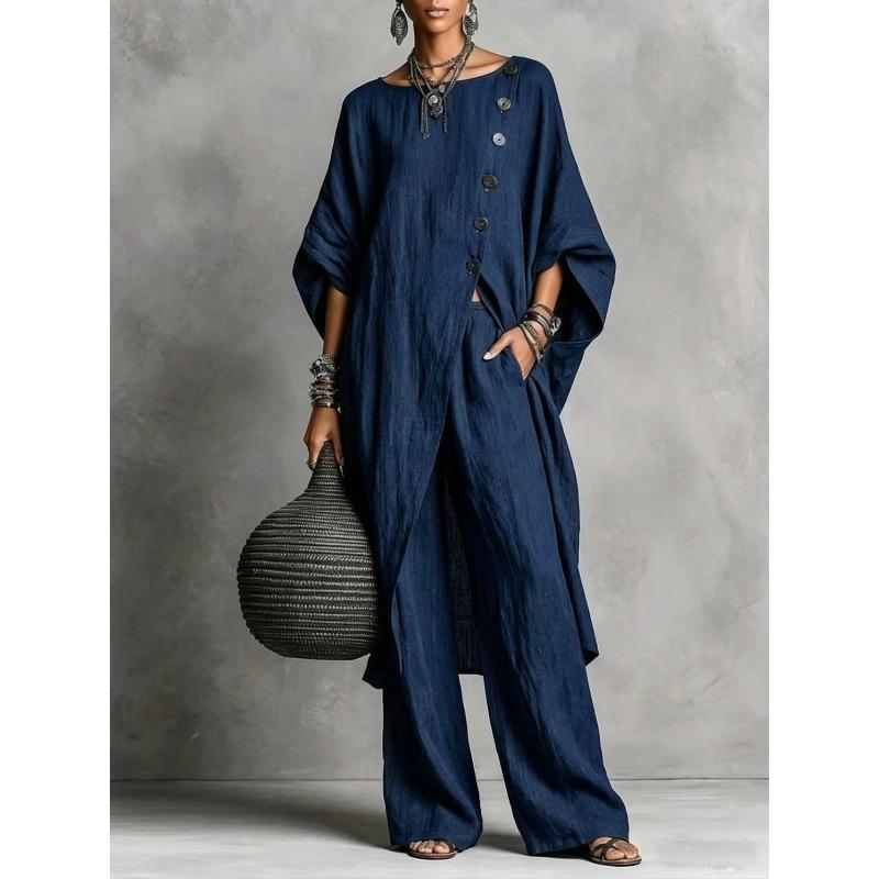 TIFICY Damen Mode Lässig Sommer Frühling Einfarbige Druck 3/4 Ärmel Rundhals Hosenanzüge