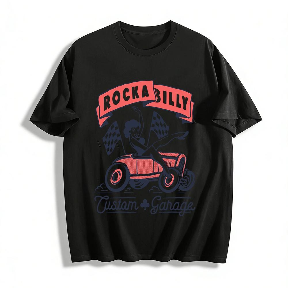 Rockabilly Pinup Girl Print Tee Custom Garage Hot Rod Retro Top Pure cotton T-shirt XXS