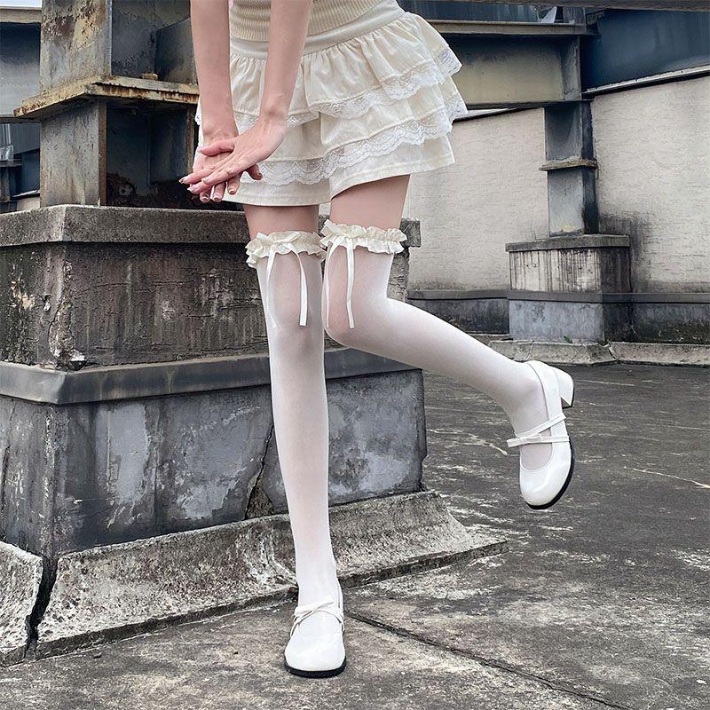 Black Hottie Pure Wind Over Knee Stockings Sweet Lace Lolita JK Stockings Cute Bow Calf Socks