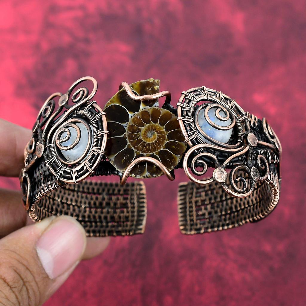 Ammonite Fossil Bangle Copper Wire Wrapped Rainbow Moonstone Cuff Bracelet Adjustable Bangle Copper Wire Jewelry Handmade Gemstone Bracelet