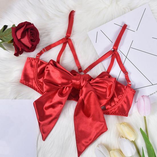 2Pcs/Set Women Sexy Faux Satin Underwear Set Lace-Up Bowknot Underwire Push-Up Bra Adjustable Strappy Thong Set