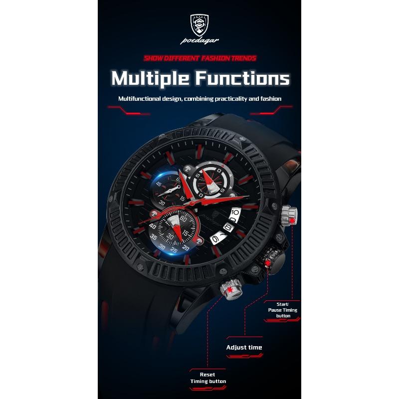 POEDAGAR Sports Men Watches Waterproof Luminous Chronograph Date Military Watch Silicone Strap Quartz Wristwatch Reloj