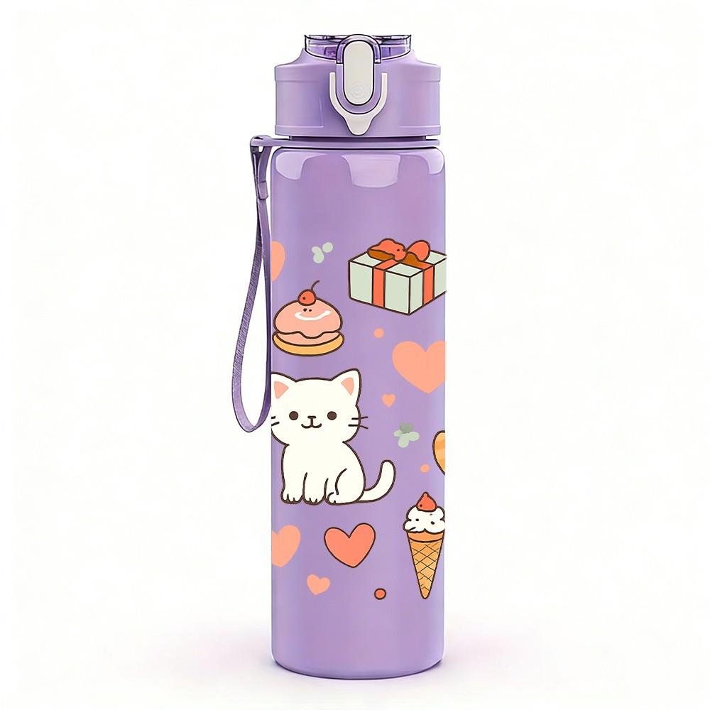 1PC Cute Cat Heart Repeat Pattern 750ml Color Plastic Sports Water Bottle Leakproof Flip Straw Lid Suitable for Sports Office Home Use