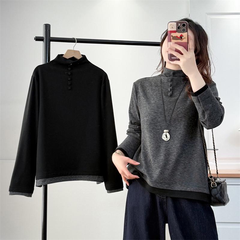 Autumn-Winter 2025 Women's Plus Size High Neck Slimming Base Layer, Stretchy Long Sleeve Color Block Fleece Top