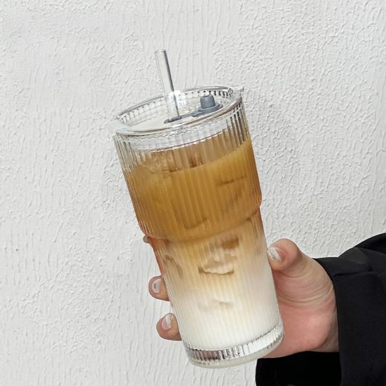 2Pcs Iced Coffee Glass with Lid And Straw, 600ml Capacity Ribbed Tumbler, Reusable Cold Drink Cup for Home Travel, Fits Car Cup Holder