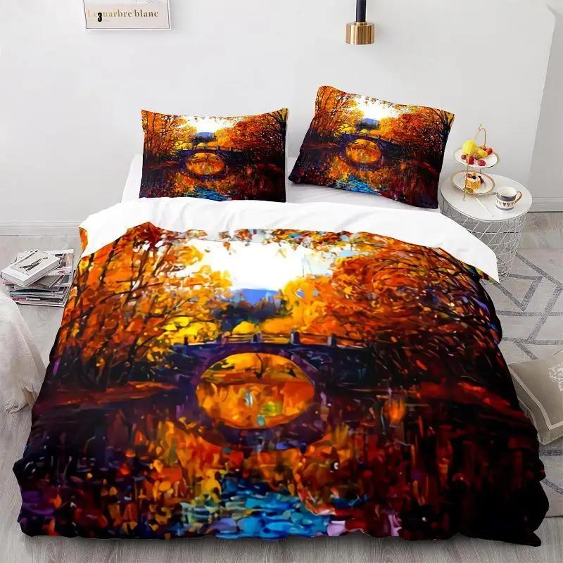 Oil Painting Duvet Cover Set Queen Blooming Sunflowers Twin Bedding Set Blue Sky White Cloud Landscape Polyester Comforter Cover