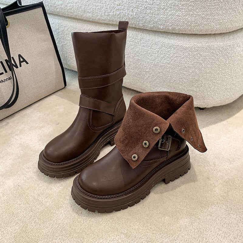 

Ботильоны на толстой подошве Maillard средней высоты, женские, новые 2025, в британском стиле, с пряжкой-ремнем, ботинки Мартин, модные ботинки 40 коричневый